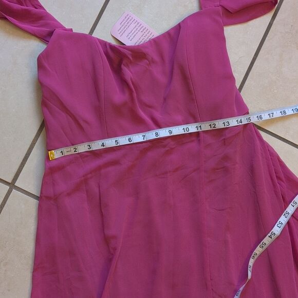 NWT After Six Off-the-Shoulder Maxi Dress Fushia Basque Neck Flounce Sleeves 12 - Picture 6 of 14